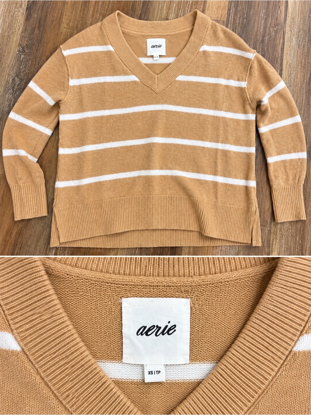 aerie Tan and White Striped V-Neck Sweater